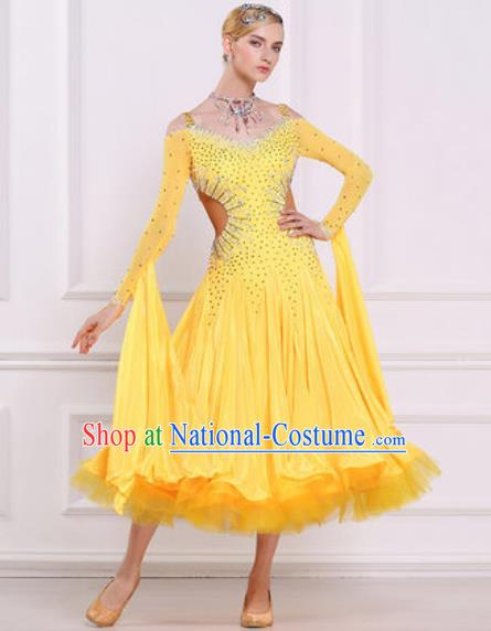 Top Grade Modern Dance Diamante Yellow Dress Ballroom Dance International Waltz Competition Costume for Women