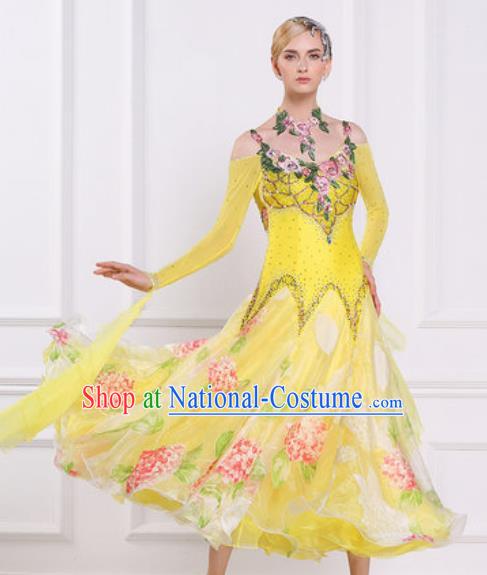 Top Waltz Competition Modern Dance Diamante Yellow Dress Ballroom Dance International Dance Costume for Women