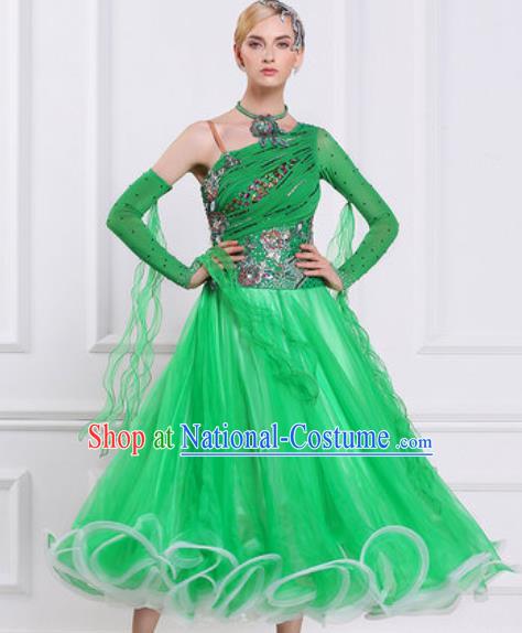 Top Waltz Competition Modern Dance Diamante Green Dress Ballroom Dance International Dance Costume for Women