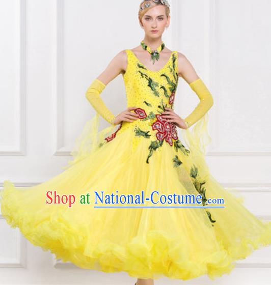 Top Waltz Competition Modern Dance Diamante Yellow Dress Ballroom Dance International Dance Costume for Women