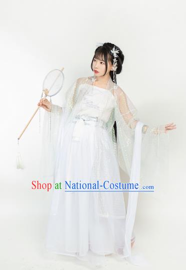 Ancient Chinese Tang Dynasty White Hanfu Dress Nobility Lady Embroidered Historical Costumes for Women