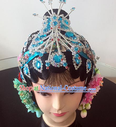 Chinese Beijing Opera Princess Blue Headgear Traditional Peking Opera Diva Wig and Hair Accessories for Women