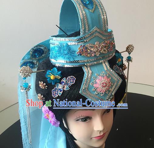 Chinese Beijing Opera Taoist Nun Blue Headgear Traditional Peking Opera Diva Wig Sheath and Hair Accessories for Women