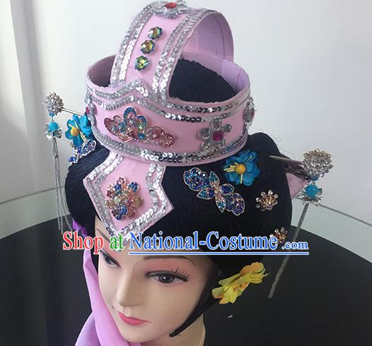 Chinese Beijing Opera Taoist Nun Pink Headgear Traditional Peking Opera Diva Wig Sheath and Hair Accessories for Women