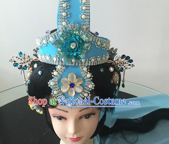 Chinese Beijing Opera Blue Headgear Traditional Peking Opera Taoist Nun Wig Sheath and Hair Accessories for Women