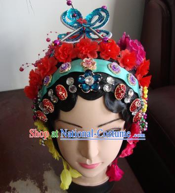 Chinese Beijing Opera Girls Red Flowers Headgear Traditional Peking Opera Wig Sheath and Hair Accessories for Women