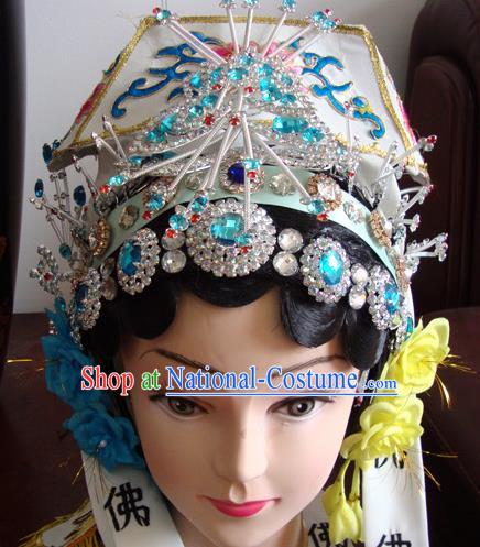 Chinese Beijing Opera Taoist Nun White Hat Headgear Traditional Peking Opera Wig Sheath and Hair Accessories for Women