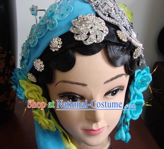 Chinese Beijing Opera Civilian Blue Headgear Traditional Peking Opera Wig Sheath and Hair Accessories for Women