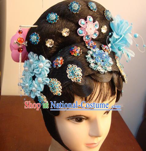 Chinese Beijing Opera Actress Blue Headgear Traditional Peking Opera Wig Sheath and Hair Accessories for Women