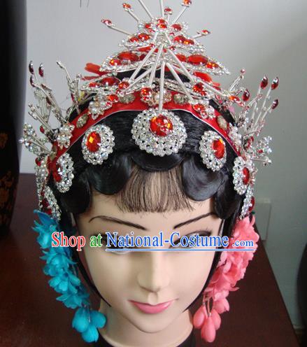 Chinese Beijing Opera Girls Red Headgear Traditional Peking Opera Wig Sheath and Hair Accessories for Women