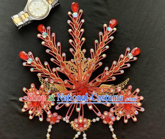 Chinese Beijing Opera Red Phoenix Hairpins Headgear Traditional Peking Opera Queen Hair Accessories for Women