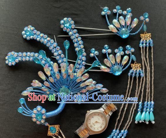 Chinese Beijing Opera Diva Blue Phoenix Tassel Hairpins Headgear Traditional Peking Opera Queen Hair Accessories for Women