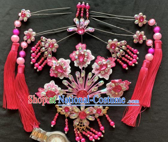 Chinese Beijing Opera Diva Rosy Flowers Tassel Hairpins Headgear Traditional Peking Opera Queen Hair Accessories for Women