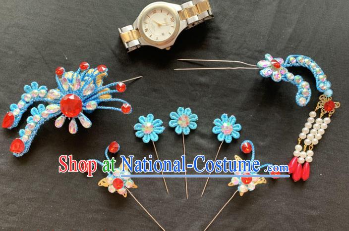 Chinese Beijing Opera Diva Blue Flowers Hairpins Headgear Traditional Peking Opera Queen Hair Accessories for Women