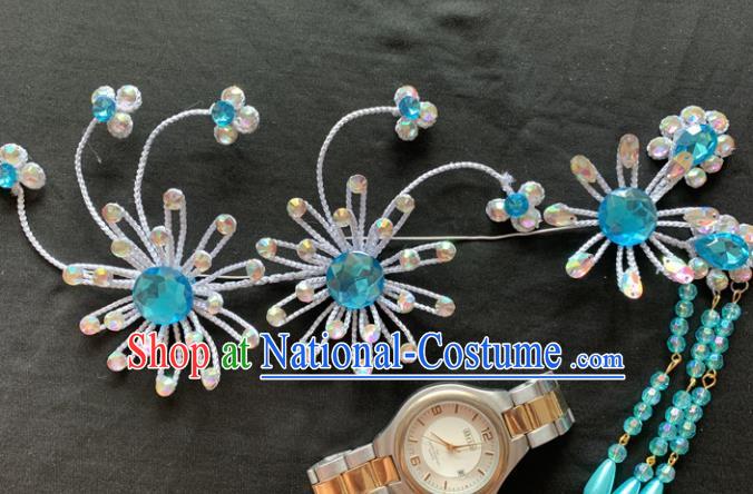 Chinese Beijing Opera Diva Blue Tassel Hairpins Headgear Traditional Peking Opera Queen Hair Accessories for Women