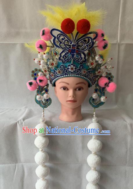 Chinese Beijing Opera Female Swordsman Blue Hat Traditional Peking Opera Hair Accessories for Women