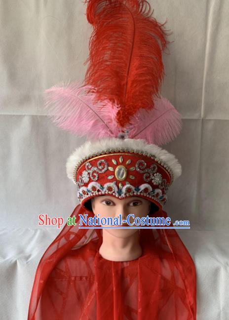 Chinese Beijing Opera Princess Red Hat Traditional Peking Opera Feather Hair Accessories for Women