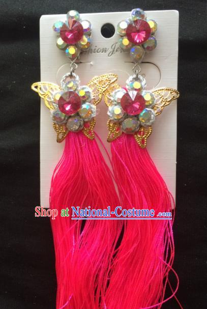 Chinese Beijing Opera Diva Red Tassel Butterfly Earrings Traditional Peking Opera Princess Ear Accessories for Women