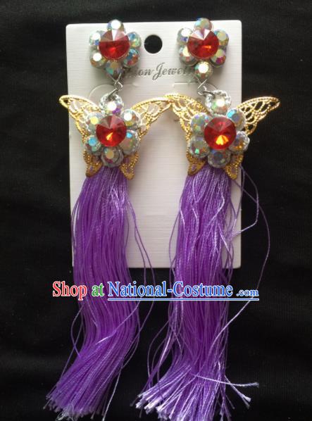 Chinese Beijing Opera Diva Purple Tassel Butterfly Earrings Traditional Peking Opera Princess Ear Accessories for Women