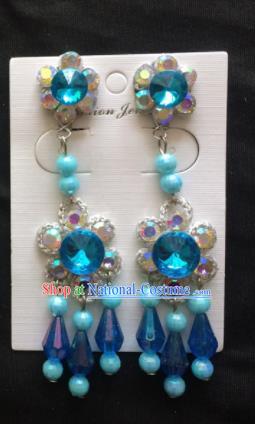 Chinese Beijing Opera Diva Blue Beads Tassel Earrings Traditional Peking Opera Princess Ear Accessories for Women