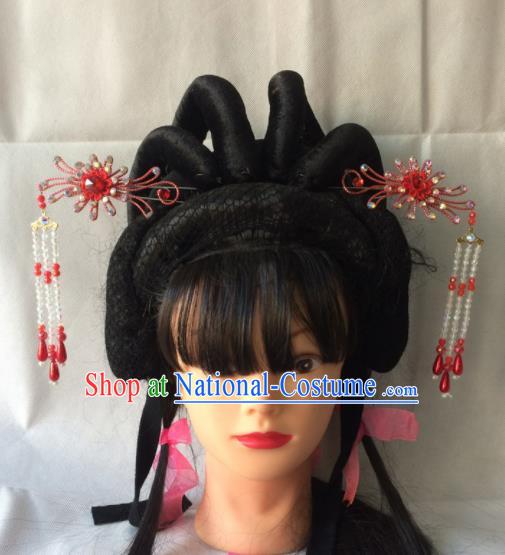 Chinese Beijing Opera Diva Red Hairpins Traditional Peking Opera Princess Hair Accessories for Women