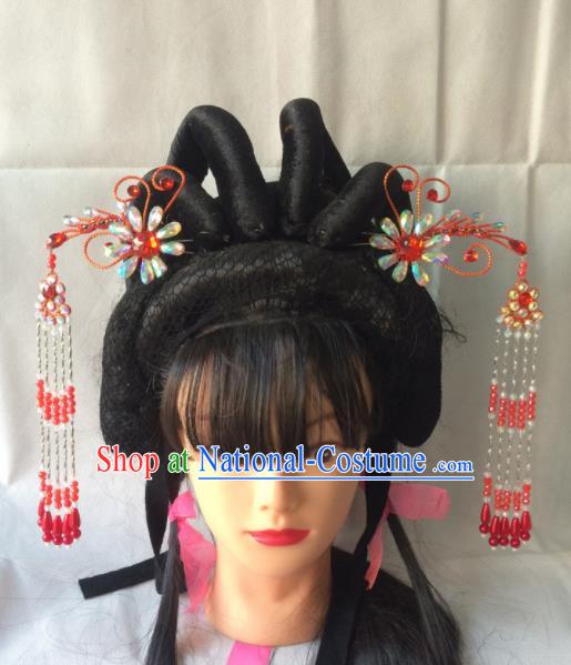 Chinese Beijing Opera Diva Red Phoenix Hairpins Traditional Peking Opera Princess Hair Accessories for Women