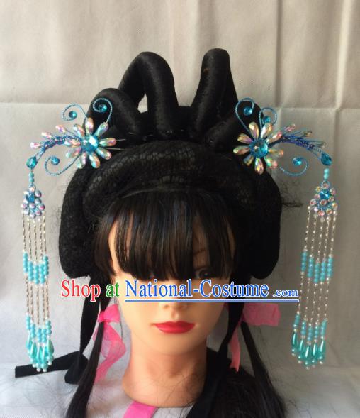 Chinese Beijing Opera Diva Blue Phoenix Hairpins Traditional Peking Opera Princess Hair Accessories for Women