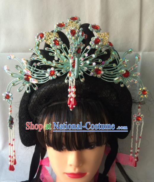 Chinese Beijing Opera Diva Green Phoenix Coronet Hairpins Traditional Peking Opera Queen Hair Accessories for Women