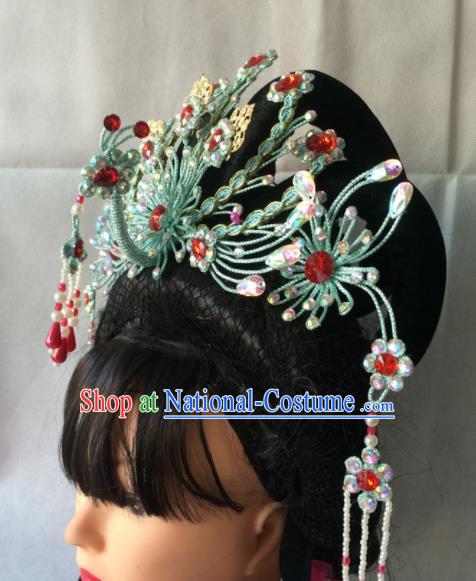 Chinese Beijing Opera Diva Green Phoenix Coronet Hairpins Traditional Peking Opera Queen Hair Accessories for Women