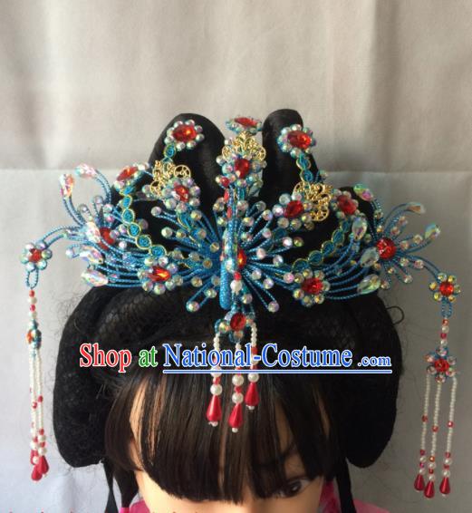 Chinese Beijing Opera Diva Blue Phoenix Coronet Hairpins Traditional Peking Opera Queen Hair Accessories for Women