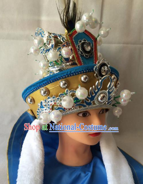 Chinese Beijing Opera Takefu Blue Hat Traditional Peking Opera Swordsman Helmet Headwear for Men