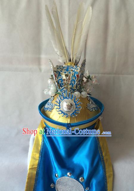 Chinese Beijing Opera Takefu Blue Hat Traditional Peking Opera Swordsman Helmet Headwear for Men