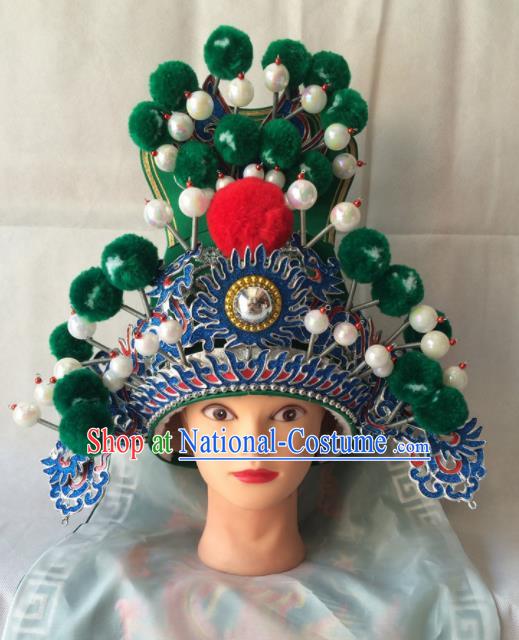 Chinese Beijing Opera Royal Highness Green Hat Traditional Peking Opera Swordsman Helmet Headwear for Men