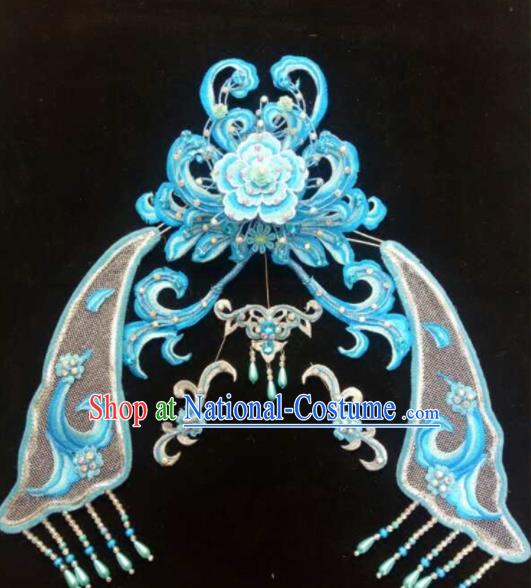 Chinese Beijing Opera Diva Blue Hair Crown Traditional Peking Opera Queen Hairpins Hair Accessories for Women