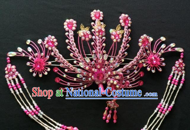 Chinese Beijing Opera Diva Rosy Phoenix Hair Crown Traditional Peking Opera Queen Hairpins Hair Accessories for Women