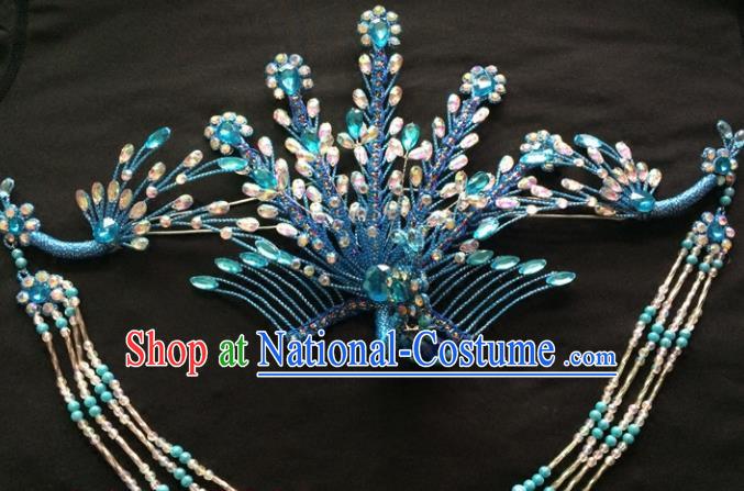 Chinese Beijing Opera Diva Blue Phoenix Hair Crown Traditional Peking Opera Queen Hairpins Hair Accessories for Women