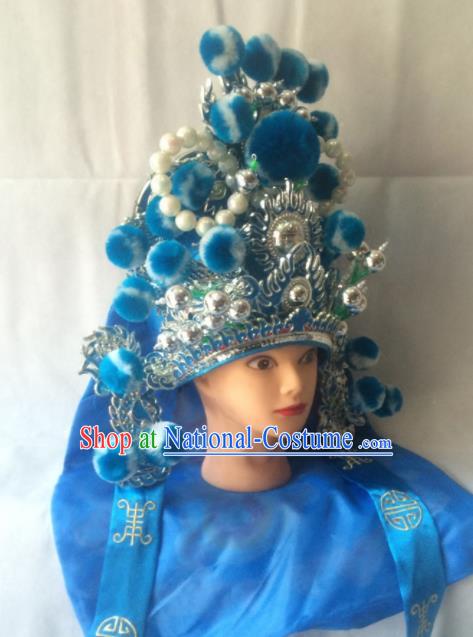 Chinese Beijing Opera Imperial Bodyguard Blue Hat Traditional Peking Opera Takefu Headwear for Men