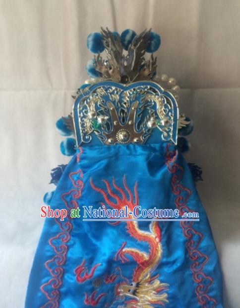 Chinese Beijing Opera Imperial Bodyguard Blue Hat Traditional Peking Opera Takefu Headwear for Men