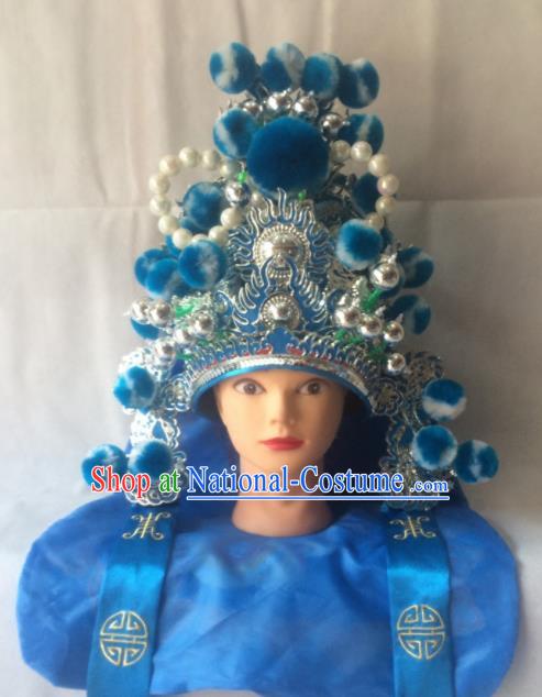 Chinese Beijing Opera Imperial Bodyguard Blue Hat Traditional Peking Opera Takefu Headwear for Men