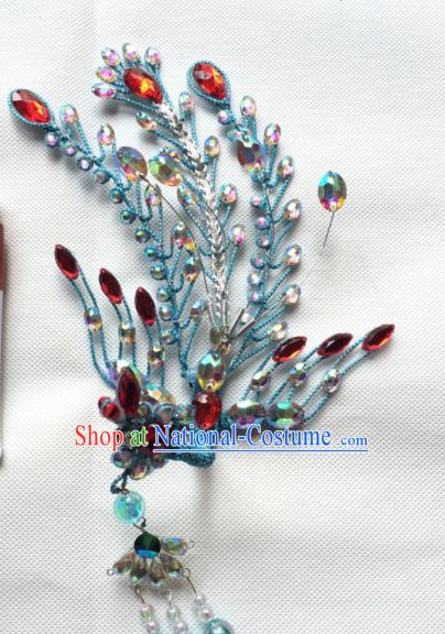 Chinese Beijing Opera Diva Blue Phoenix Hairpins Traditional Peking Opera Princess Hair Accessories for Women