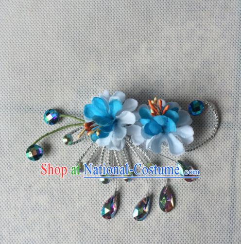 Chinese Beijing Opera Diva Blue Silk Flowers Hair Claw Hairpins Traditional Peking Opera Hair Accessories for Women