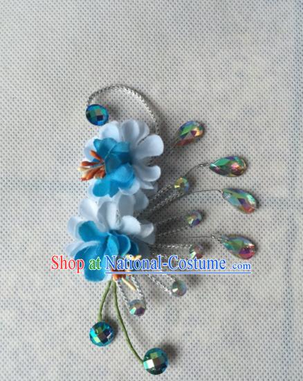 Chinese Beijing Opera Diva Blue Silk Flowers Hair Claw Hairpins Traditional Peking Opera Hair Accessories for Women