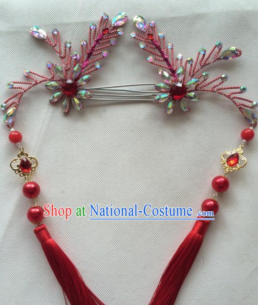 Chinese Beijing Opera Princess Red Tassel Hairpins Traditional Peking Opera Diva Hair Accessories for Women