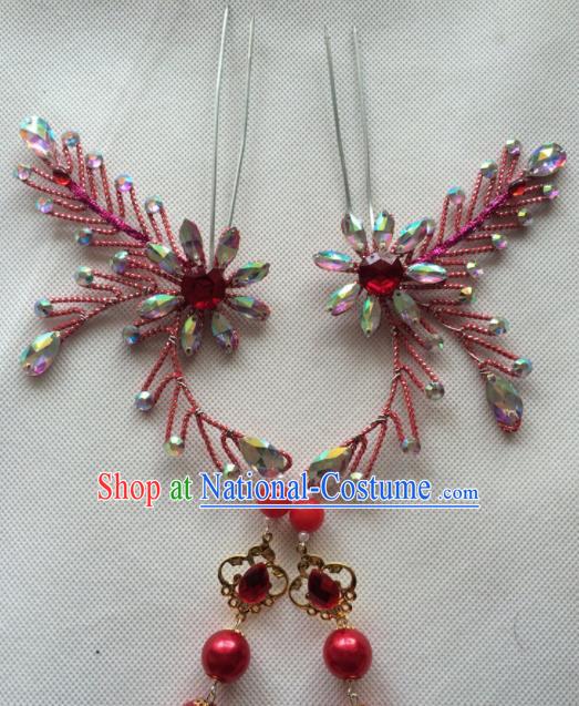 Chinese Beijing Opera Princess Red Tassel Hairpins Traditional Peking Opera Diva Hair Accessories for Women