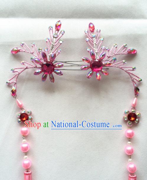 Chinese Beijing Opera Princess Pink Tassel Hairpins Traditional Peking Opera Diva Hair Accessories for Women