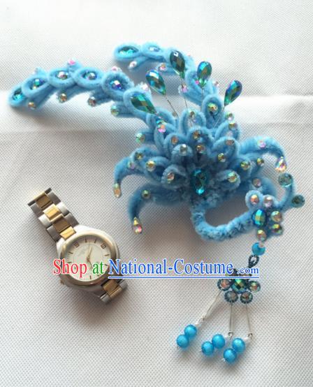 Chinese Beijing Opera Princess Blue Velvet Phoenix Hairpins Traditional Peking Opera Diva Hair Accessories for Women