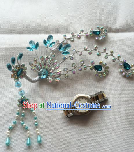 Chinese Beijing Opera Princess Blue Crystal Phoenix Hairpins Traditional Peking Opera Diva Hair Accessories for Women