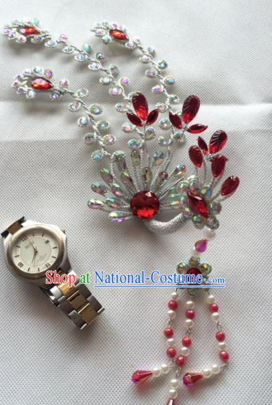 Chinese Beijing Opera Princess Red Crystal Phoenix Hairpins Traditional Peking Opera Diva Hair Accessories for Women