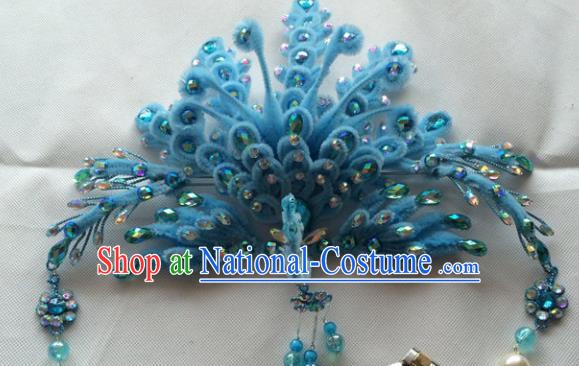 Chinese Beijing Opera Queen Blue Velvet Phoenix Hair Crown Hairpins Traditional Peking Opera Diva Hair Accessories for Women