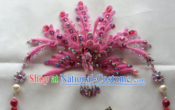 Chinese Beijing Opera Queen Pink Velvet Phoenix Hair Crown Hairpins Traditional Peking Opera Diva Hair Accessories for Women